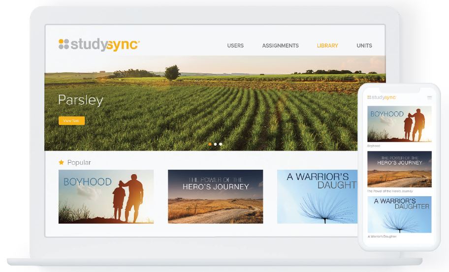 StudySync Library on laptop and phone screen: Parsley, Boyhood, Hero's Journey, and A Warrior's Daughter