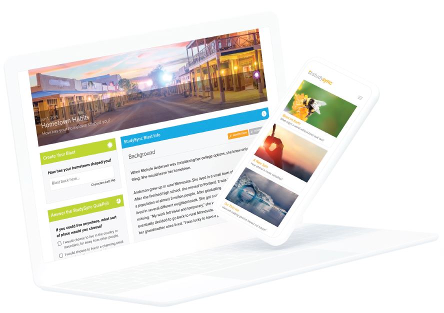 Hometown Habits StudySync Blast example on laptop and phone screen