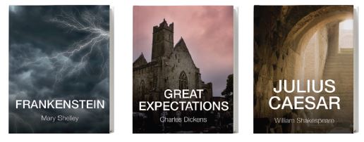 Novel covers: Frankenstein, Great Expectations, and Julius Ceasar