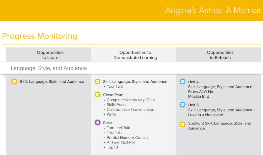 An excerpt of a progress monitoring chart for Angela’s Ashes.