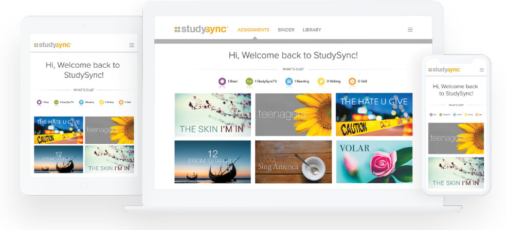 Welcome back to StudySync screen shown on laptop, tablet, and phone