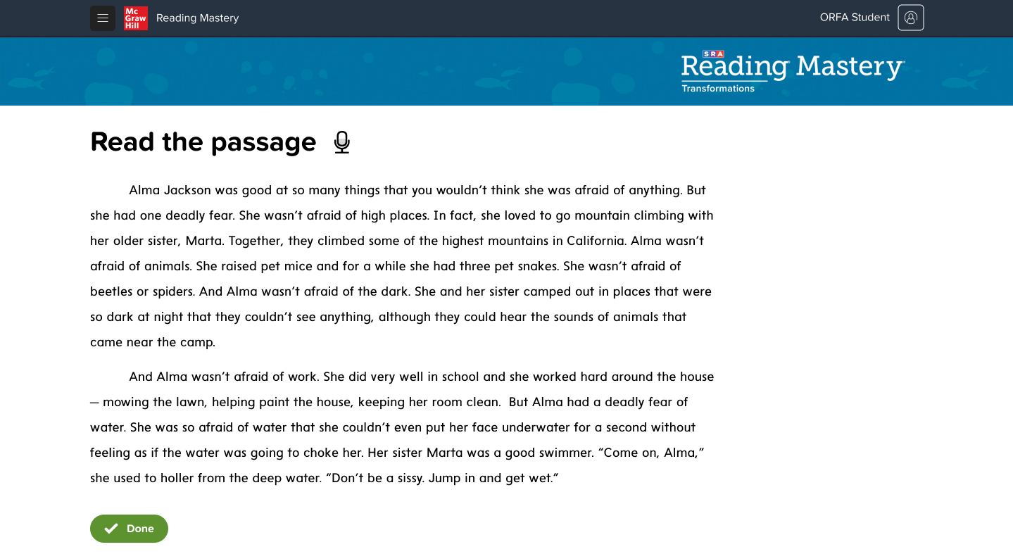 Reading Mastery Read the Passage example