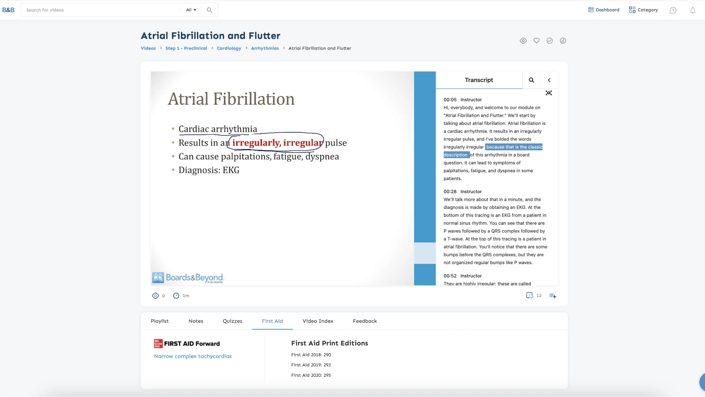 Boards and Beyond Atrial Fibrillation video showing the First Aid pages references in a toggle box below with new links to access this same content in a platform called First Aid Forward.