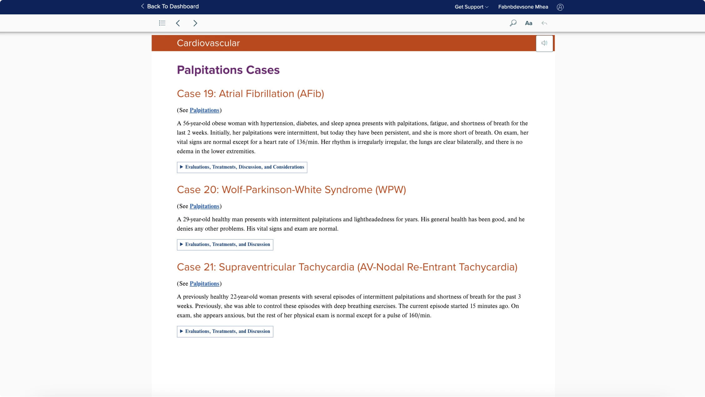 A clinical case example inside First Aid Forward that is related to Atrial Fibrillation that includes expandable questions to self-test.  