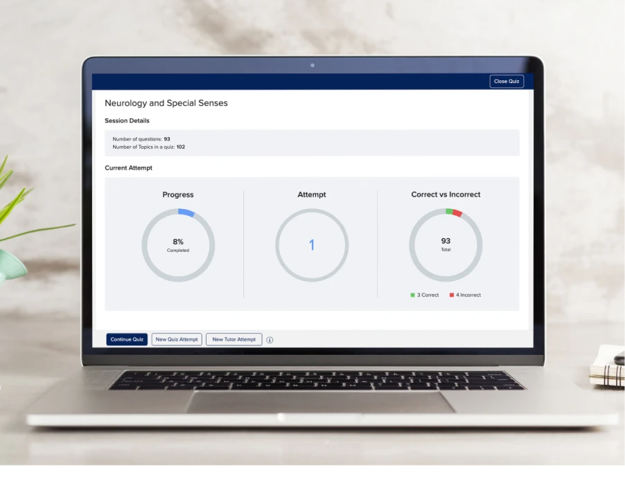 Laptop showing First Aid Forward USMLE screen featuring learning reports