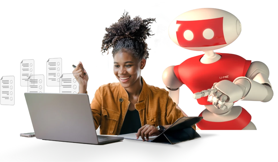 Student working on a laptop with USMLE Step 1 robot character standing over shoulder and pointing