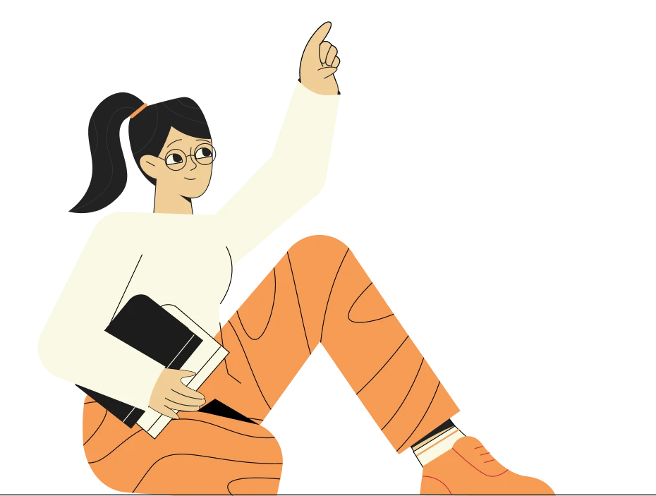 An illustrated woman seated on the ground wearing a ponytail, glasses, a white shirt top, and orange pants and shoes with one arm holding a stack of books and the other raised in the air