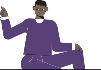 Illustration of a guy in a purple jumpsuit pointing to his right